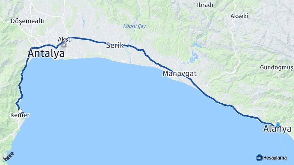 Antalya Alanya Kemer Arası Kaç Km - Yol Haritası