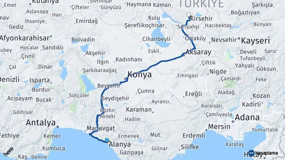 Antalya Alanya Kırşehir Arası Kaç Km - Yol Haritası