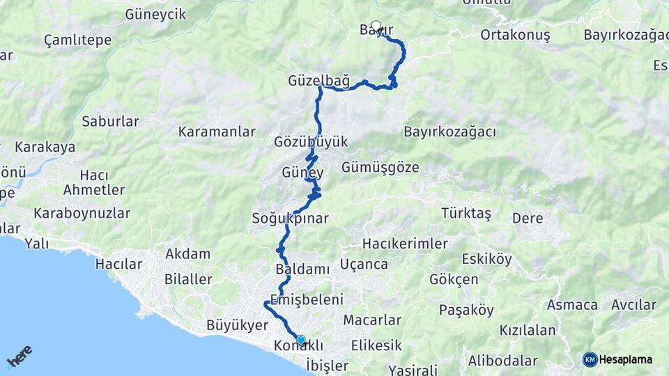 Antalya Alanya Konaklı Bayır Alanya Arası Kaç Km - Yol Haritası