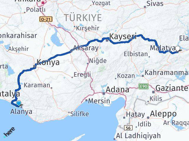 Antalya Alanya Konaklı Malatya Arası Kaç Km - Yol Haritası