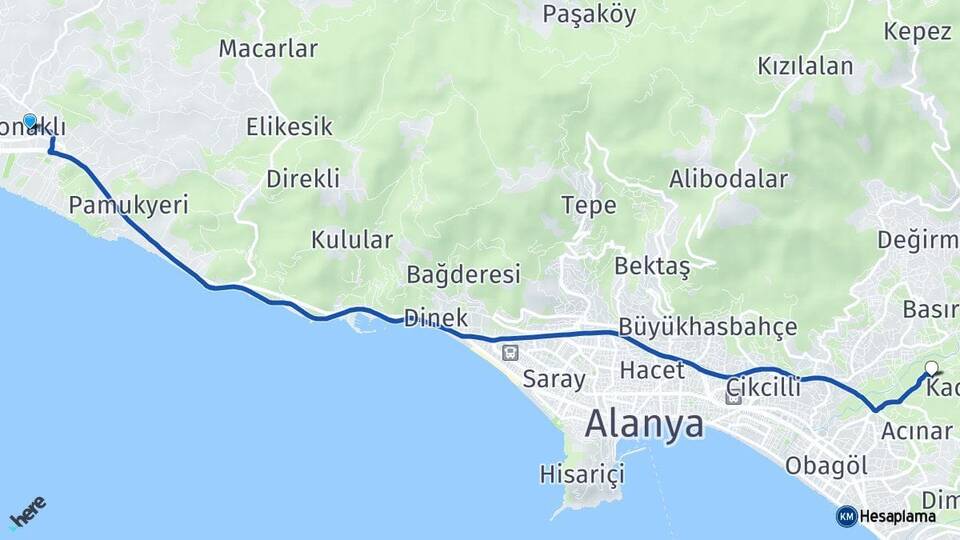 Antalya Alanya Konaklı Oba Alanya Arası Kaç Km - Yol Haritası