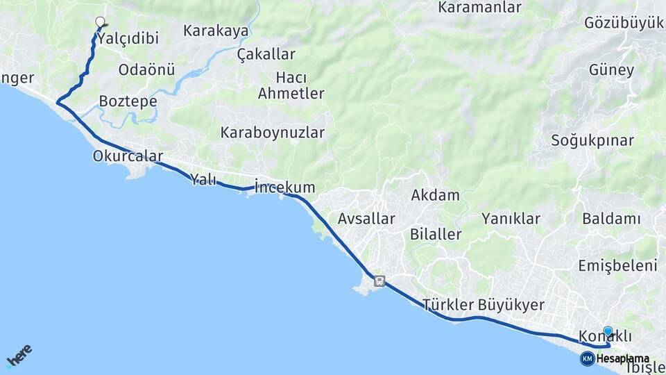 Antalya Alanya Konaklı Örenşehir Manavgat Arası Kaç Km - Yol Haritası
