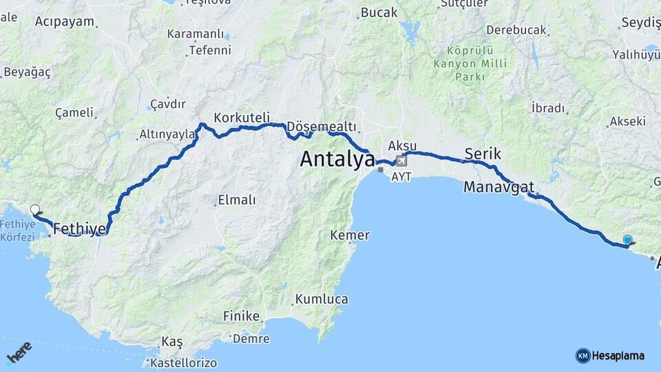 Antalya Alanya Konaklı Yanıklar Fethiye Muğla Arası Kaç Km - Yol Haritası