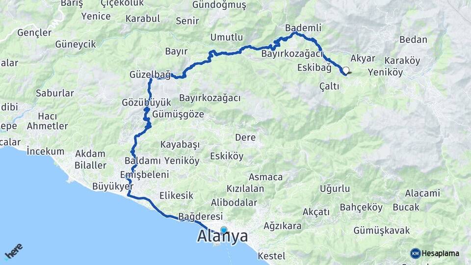 Antalya Alanya Köprülü Gündoğmuş Arası Kaç Km - Yol Haritası