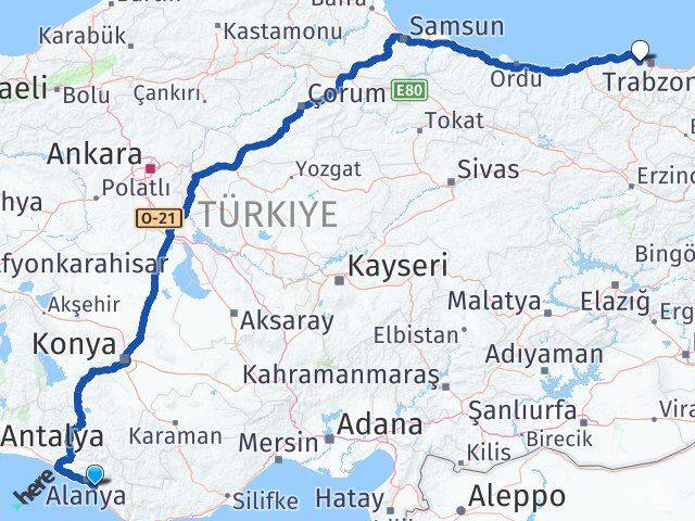 Antalya Alanya Mahmutlar Akçaabat Trabzon Arası Kaç Km - Yol Haritası