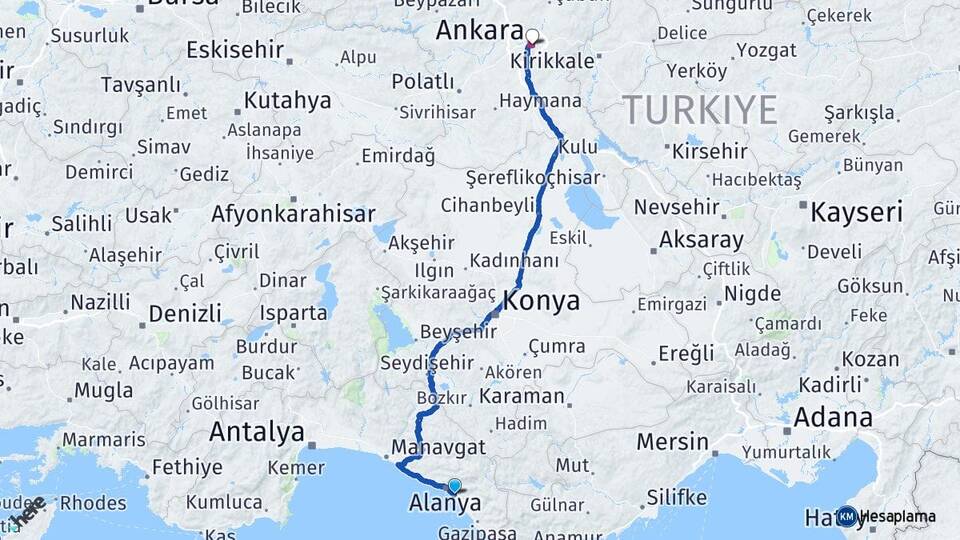 Antalya Alanya Mahmutlar Ankara Arası Kaç Km - Yol Haritası