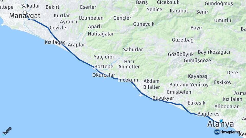 Antalya Alanya Manavgat Arası Kaç Km - Yol Haritası