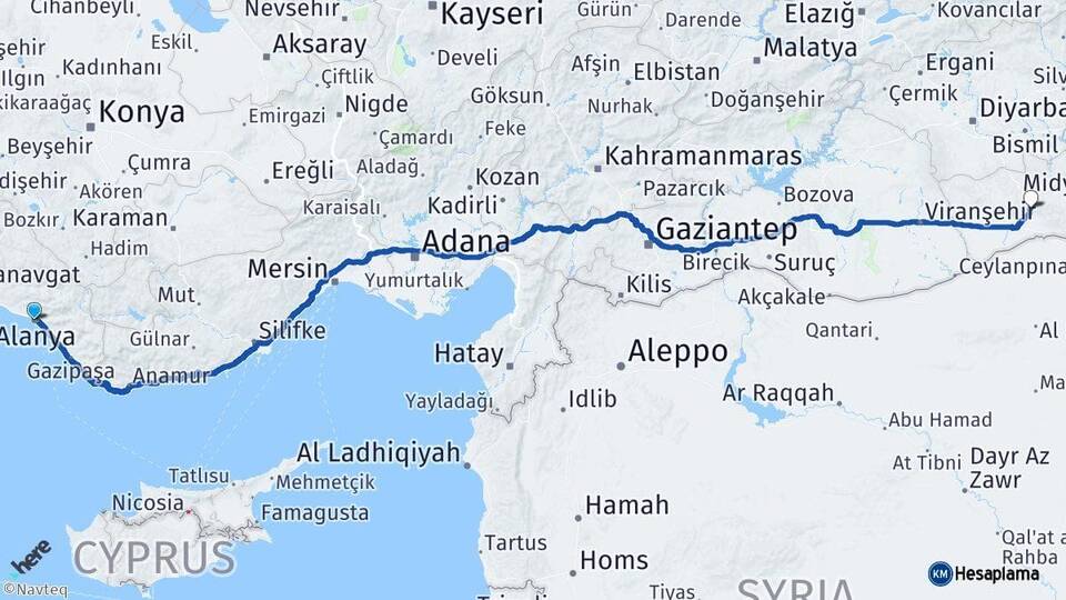 Antalya Alanya Mardin Arası Kaç Km - Yol Haritası