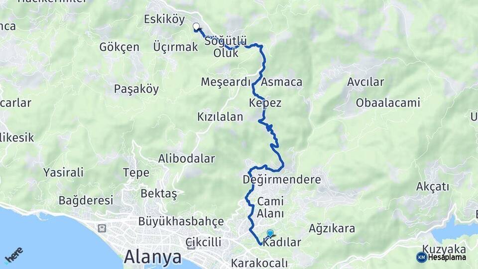 Antalya Alanya Oba Mahmutseydi Alanya Arası Kaç Km - Yol Haritası
