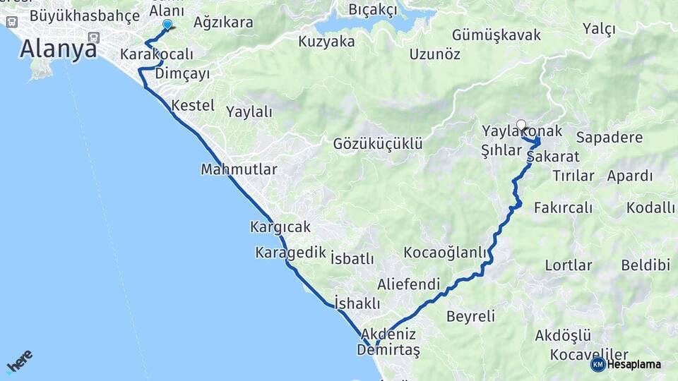 Antalya Alanya Oba Yaylakonak Alanya Arası Kaç Km - Yol Haritası