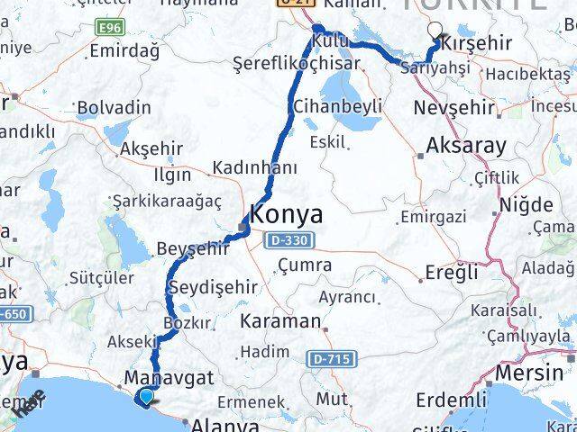 Antalya Alanya Okurcalar Kırşehir Arası Kaç Km - Yol Haritası