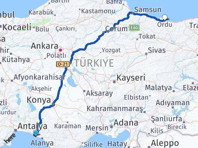 Antalya Alanya Okurcalar Ordu Arası Kaç Km - Yol Haritası