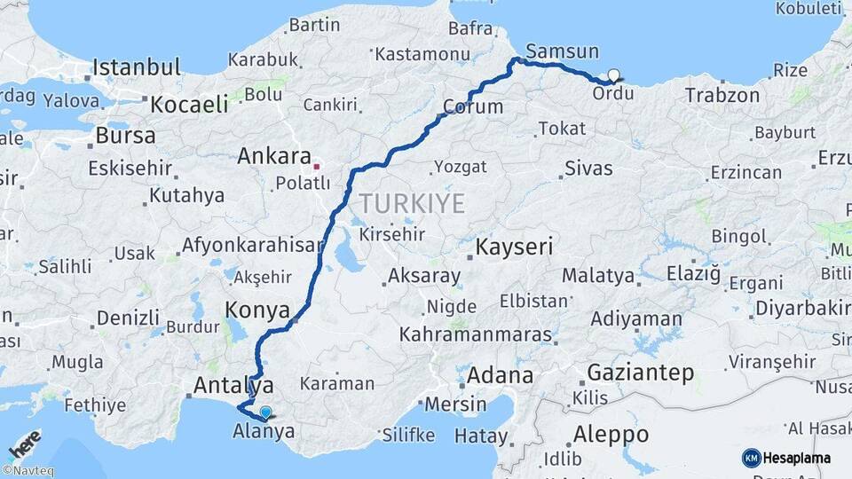 Antalya Alanya Ordu Arası Kaç Km - Yol Haritası