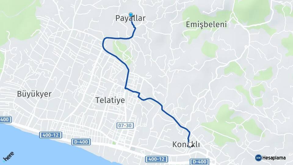 Antalya Alanya Payallar Konaklı Alanya Arası Kaç Km - Yol Haritası