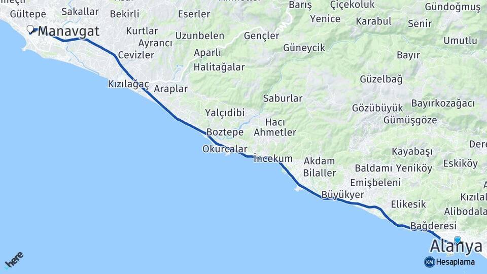 Antalya Alanya Side Manavgat Arası Kaç Km - Yol Haritası