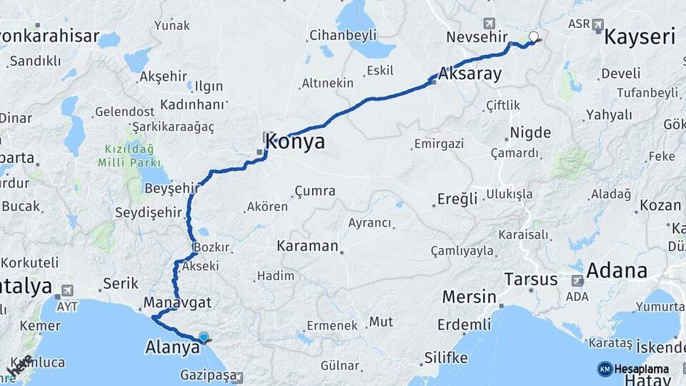 Antalya Alanya Ürgüp Nevşehir Arası Kaç Km - Yol Haritası