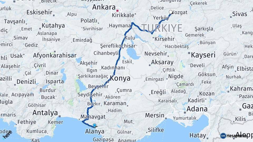 Antalya Alanya Yozgat Arası Kaç Km - Yol Haritası