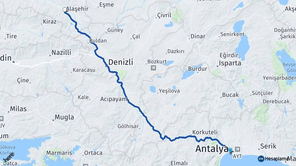 Antalya Alaşehir Manisa Arası Kaç Km - Yol Haritası
