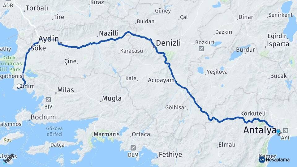 Antalya Altınkum Didim Aydın Arası Kaç Km - Yol Haritası