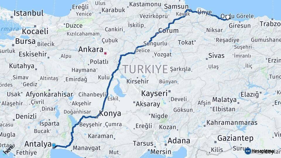 Antalya Altınordu Arası Kaç Km - Yol Haritası