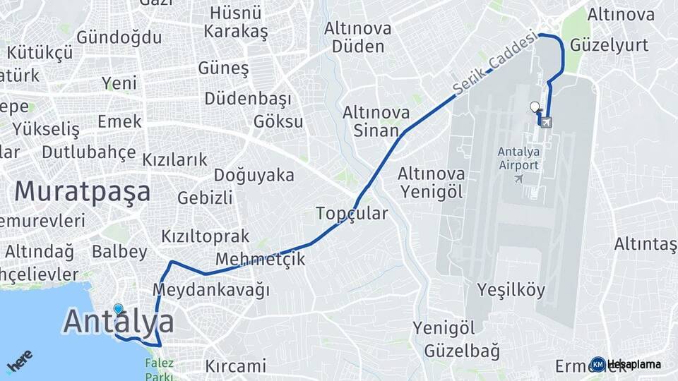 Antalya Antalya Havalimanı Arası Kaç Km - Yol Haritası