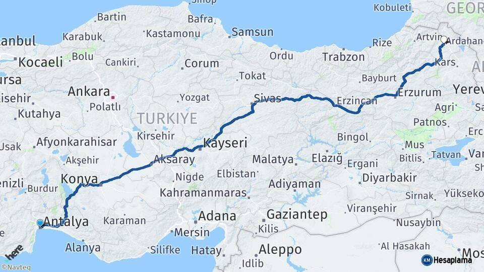 Antalya Ardahan Arası Kaç Km - Yol Haritası