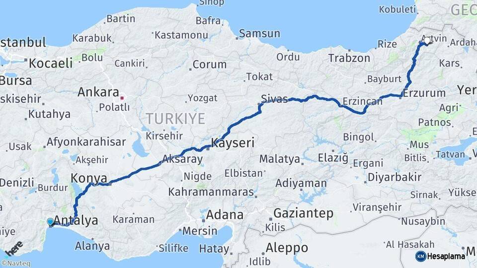 Antalya Ardanuç Artvin Arası Kaç Km - Yol Haritası