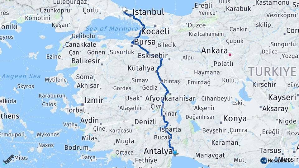 Antalya Arnavutköy İstanbul Arası Kaç Km - Yol Haritası