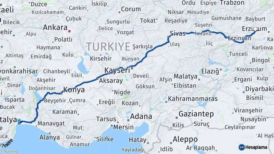 Antalya Aşkale Erzurum Arası Kaç Km - Yol Haritası