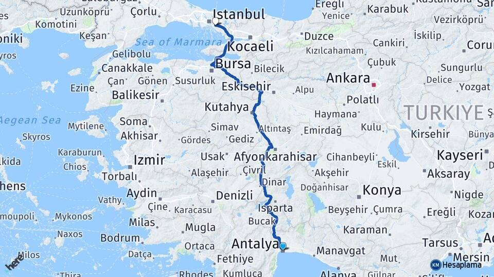 Antalya Ataşehir İstanbul Arası Kaç Km - Yol Haritası
