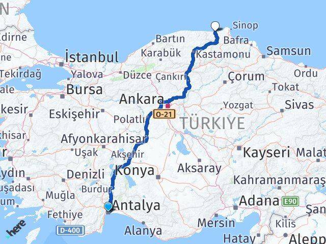 Antalya Ayancık Sinop Arası Kaç Km - Yol Haritası
