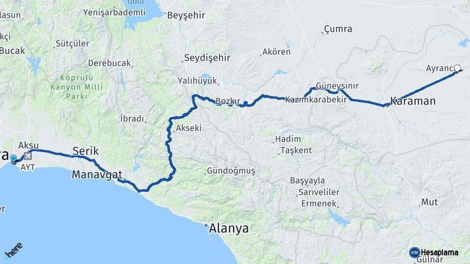Antalya Ayrancı Karaman Arası Kaç Km - Yol Haritası
