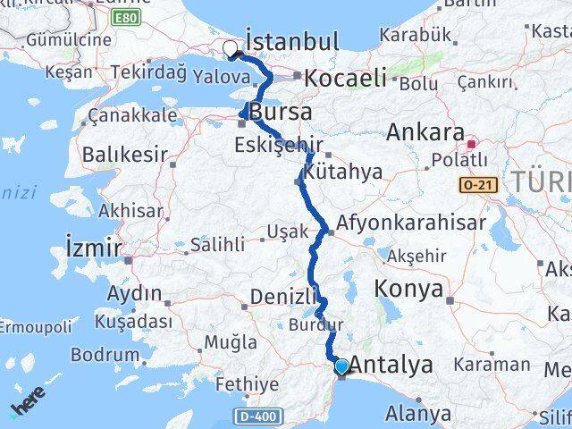 Antalya Bahçelievler İstanbul Arası Kaç Km - Yol Haritası