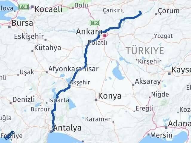 Antalya Bayat Çorum Arası Kaç Km - Yol Haritası