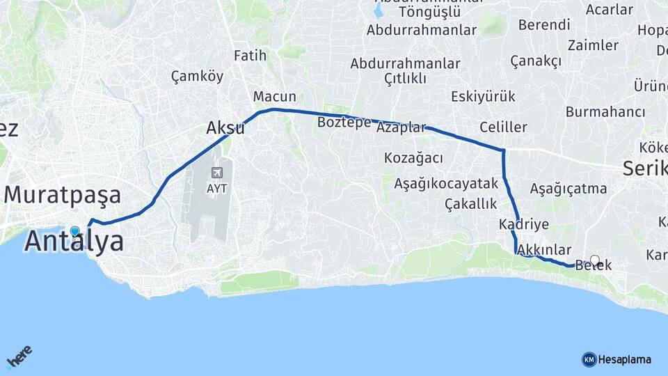 Antalya Belek Serik Arası Kaç Km - Yol Haritası