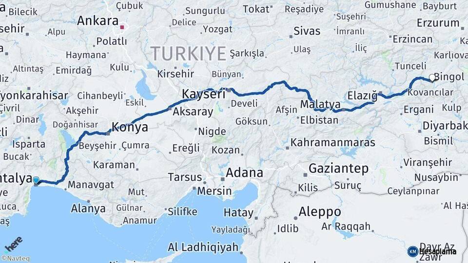 Antalya Bingöl Arası Kaç Km - Yol Haritası