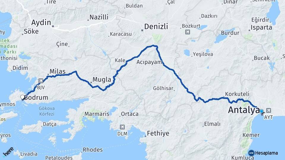 Antalya Bodrum Muğla Arası Kaç Km - Yol Haritası