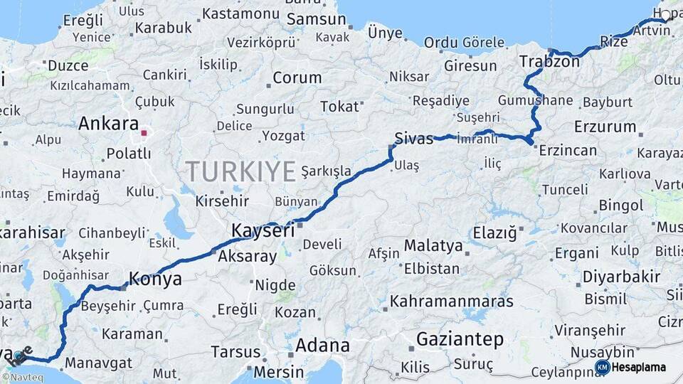 Antalya Borçka Artvin Arası Kaç Km - Yol Haritası