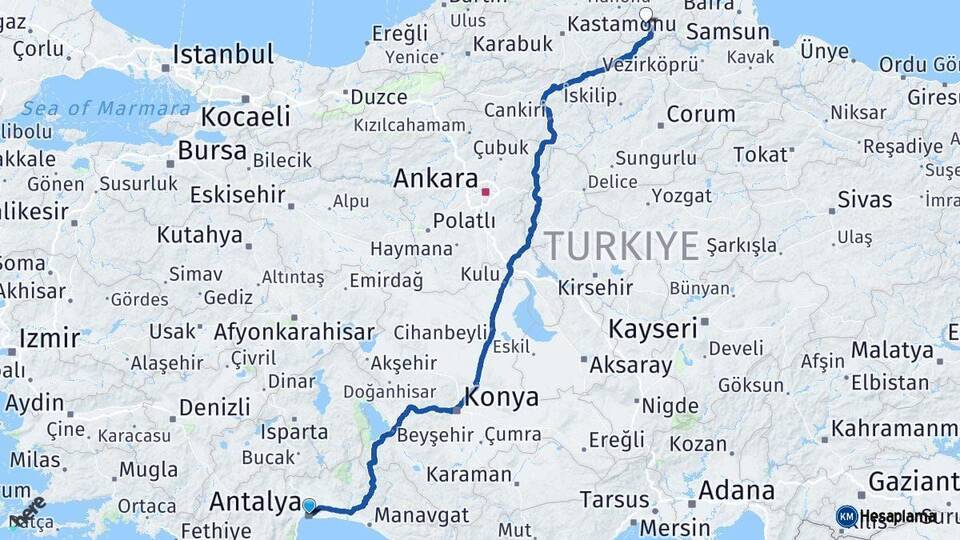 Antalya Boyabat Sinop Arası Kaç Km - Yol Haritası