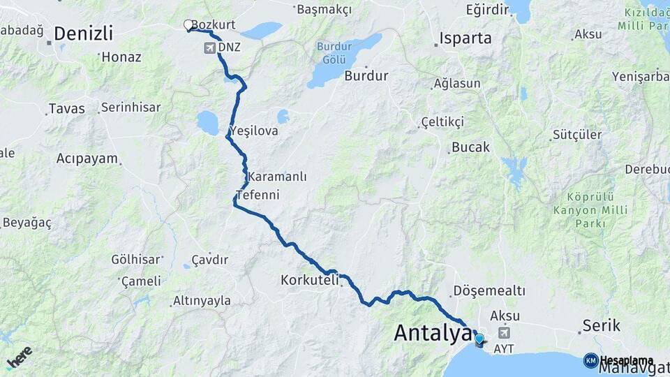 Antalya Bozkurt Denizli Arası Kaç Km - Yol Haritası