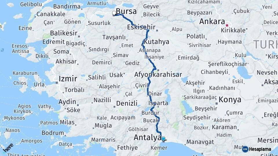 Antalya Bursa Arası Kaç Km - Yol Haritası