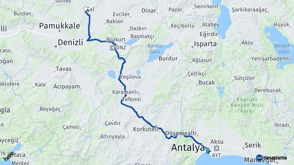 Antalya Çal Denizli Arası Kaç Km - Yol Haritası