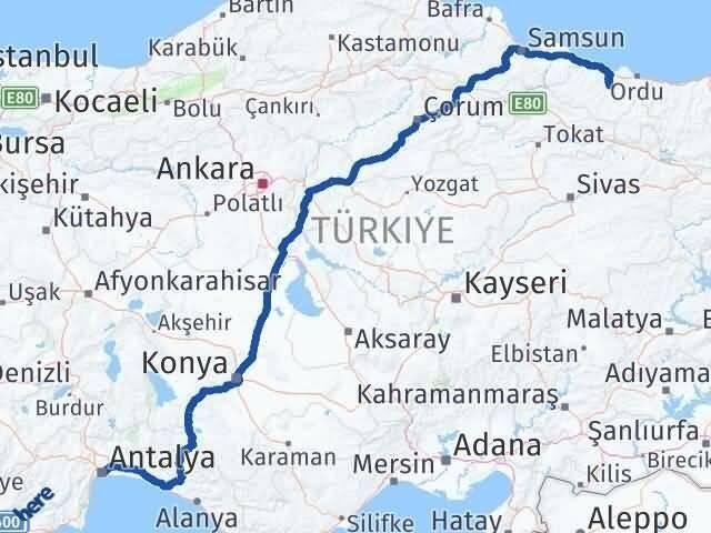 Antalya Çamaş Ordu Arası Kaç Km - Yol Haritası