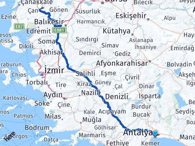 Antalya Çan Çanakkale Arası Kaç Km - Yol Haritası