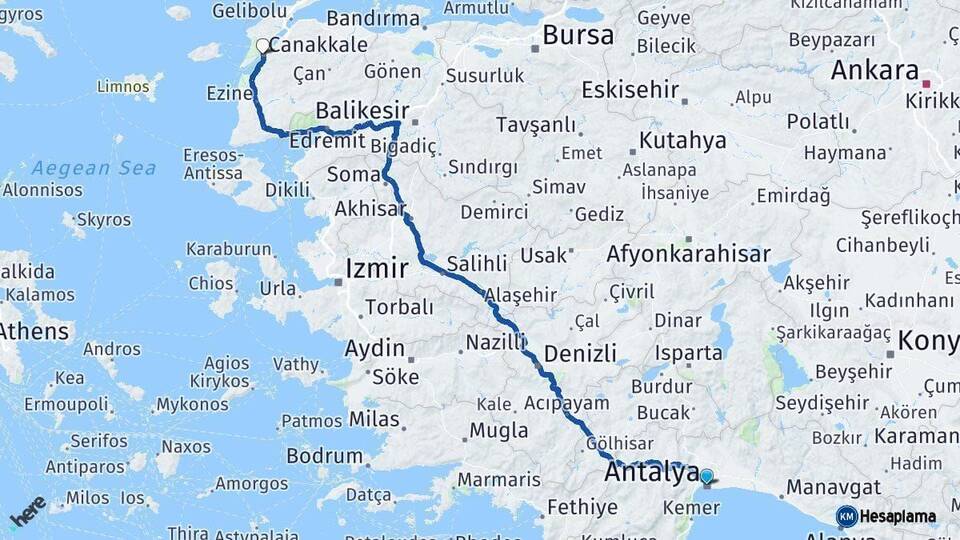 Antalya Çanakkale Arası Kaç Km - Yol Haritası