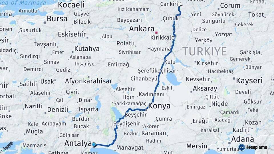 Antalya Çankırı Arası Kaç Km - Yol Haritası
