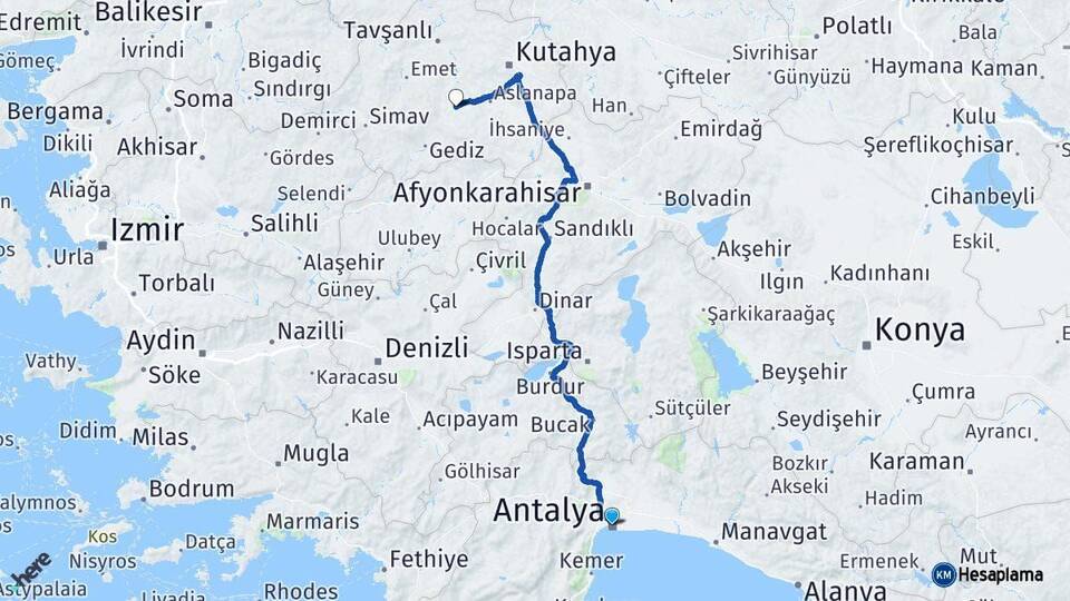 Antalya Çavdarhisar Kütahya Arası Kaç Km - Yol Haritası