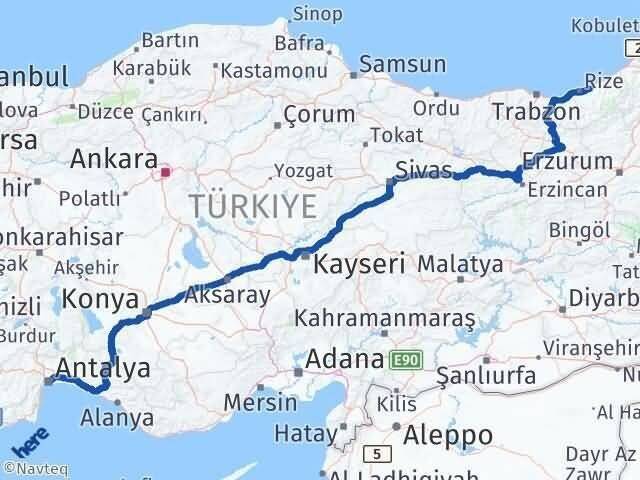 Antalya Çayeli Rize Arası Kaç Km - Yol Haritası