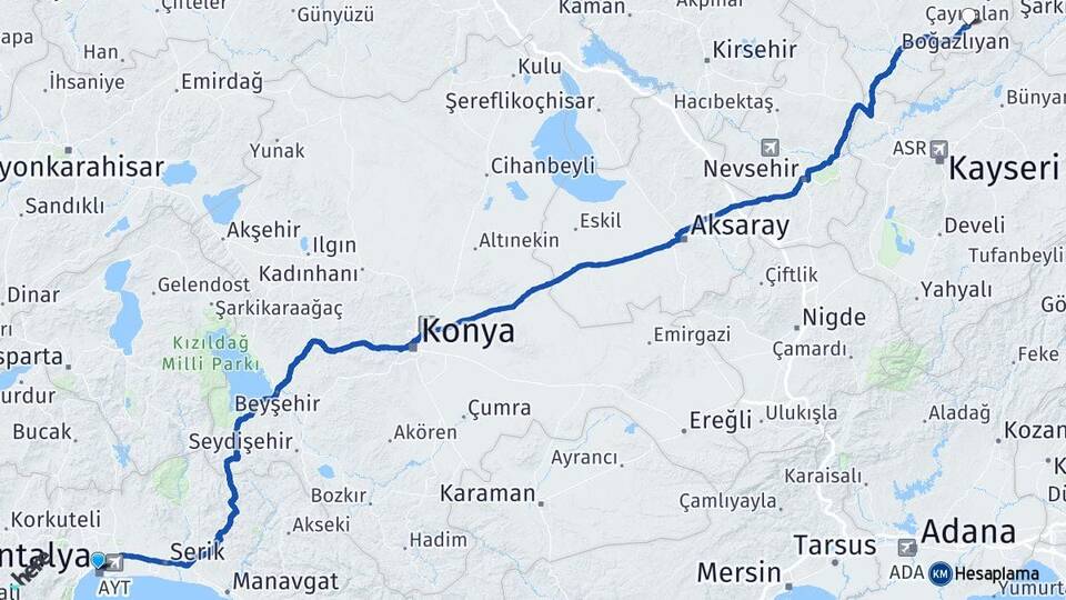 Antalya Çayıralan Yozgat Arası Kaç Km - Yol Haritası