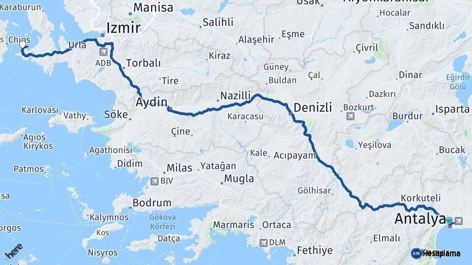 Antalya Çeşme İzmir Arası Kaç Km - Yol Haritası